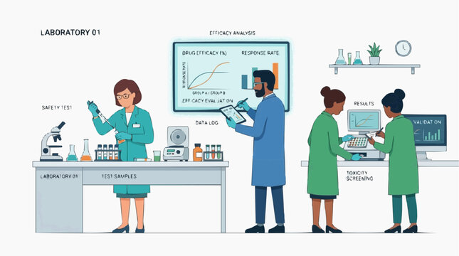 Scientists conduct drug efficacy and toxicity screening in a modern laboratory setting with data analysis and validation