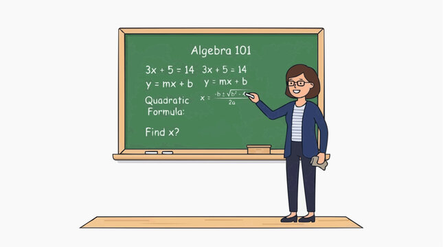 Teacher explaining Algebra 101 concepts including linear equations and the quadratic formula on a green chalkboard