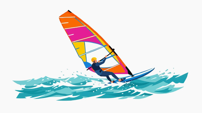 Windsurfer riding a wave with a colorful sail on a bright sunny day extreme sport and water activity illustration