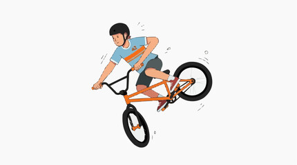 Naklejka premium Young boy wearing a helmet performs a trick on a BMX bicycle with an orange frame, dynamic action shot