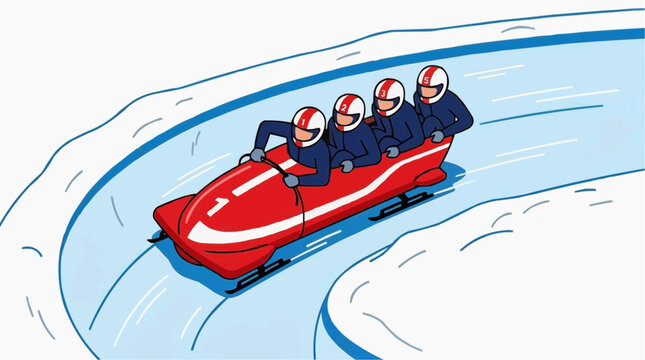Four person bobsled team in red sled racing down an icy track wearing helmets and blue suits with white stripes