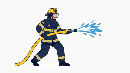 Fototapeta premium Firefighter in uniform spraying water from a hose with a white background