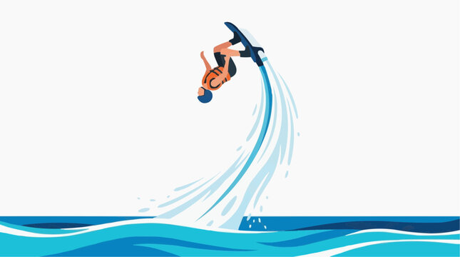 Person performing a flip trick on a jetpack water sport device over the ocean waves during the day
