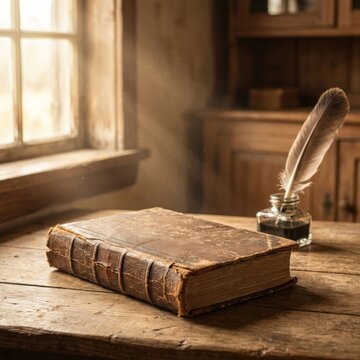 Old Book and Quill Pen on Rustic Wooden Desk by Window.