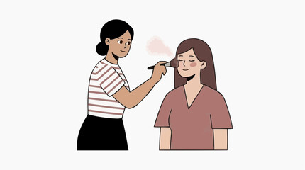 Fototapeta premium Two women applying makeup one applying blush to the other with a brush in a simple flat illustration style