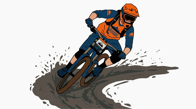 Mountain biker wearing helmet and goggles riding through mud splash on a white background