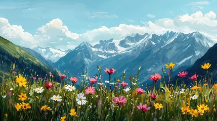 Fototapeta premium Sloped alpine terrain with rugged stone ridges and blooming patches of wildflowers