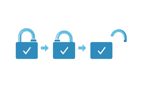 Visual representation of a security lock opening in three stages from locked to fully open symbolizing access granted and decryption.