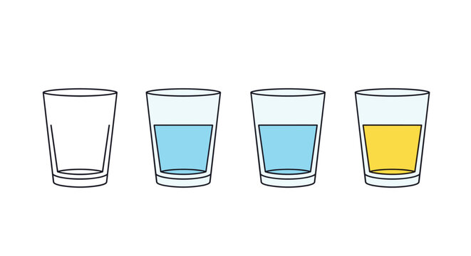 Sequence of four glasses showing different volumes of liquid from empty to partially filled with water and a yellow citrus drink.