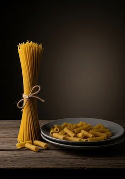 Still life of various dry pasta types on a rustic wooden table.