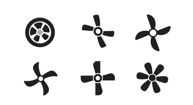 Collection of black silhouettes of propellers, fans, and turbine blades used for cooling systems and aeronautical engine designs.