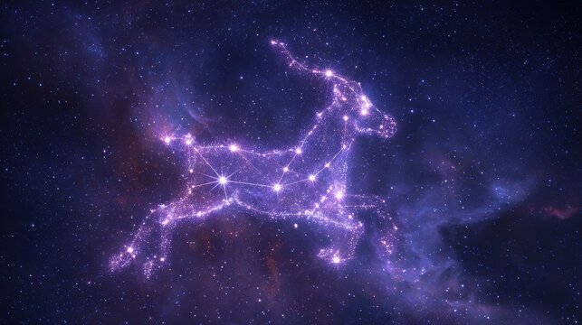 Space universe exploration, fantasy. A vivid depiction of a constellation, specifically the Sagittarius zodiac sign, is depicted in a starry night sky. The constellation is intricately detailed.