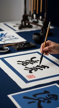 Person Practicing Traditional Chinese Calligraphy with Ink and Brush.
