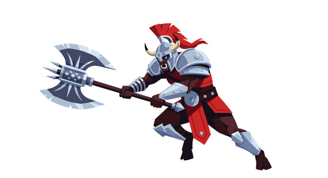 Powerful orc warrior character wearing heavy metal armor and a red plume helmet brandishes a large double-headed battle axe in a combat pose.