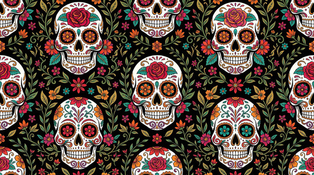 Sugar skull and rose pattern on black background for day of the dead celebration.