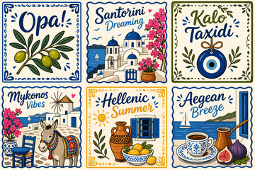 Obraz premium Vibrant collection of Greek island inspired illustrations with iconic motifs