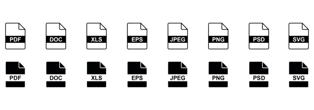 Set of digital file format icons including pdf doc xls eps jpeg png psd and svg extensions