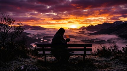 Obraz premium Contemplative soul watches vibrant mountain sunrise