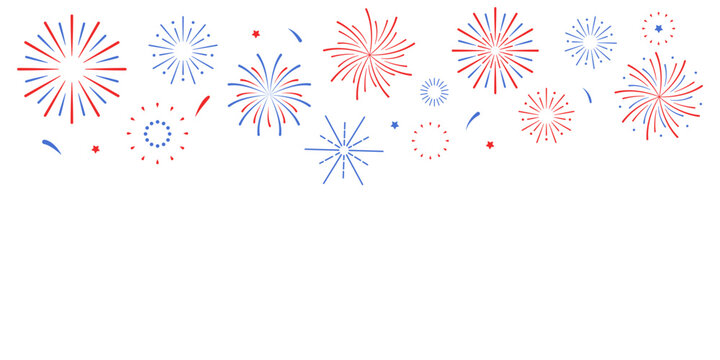 Patriotic fireworks header border template. 4th of July celebration decorative top frame for banner, invitation and flyer. Vector illustration on white background