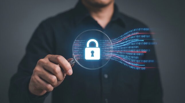 Person holding magnifying glass over digital padlock icon with binary code stream for advanced cybersecurity and data encryption concepts in professional technology environment