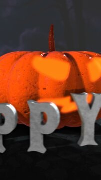 Seamless vertical video of a pumpkin with Halloween letters spinning around.