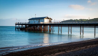 Fototapeta premium White Seaside Pavilion Standing on Wooden Pier Above Calm Blue Water