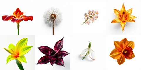 Obraz premium Floral collection displays diverse blooms. Bright colors, delicate petals, varied shapes present botanical beauty. Simple white background emphasizes flowers.