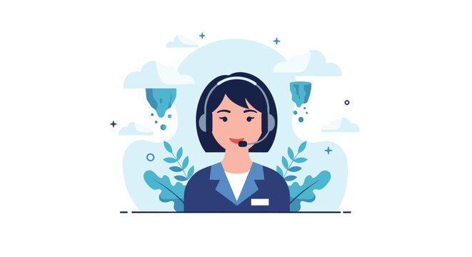 Customer service representative and online support concept featuring a woman wearing a headset against a cloudy background.