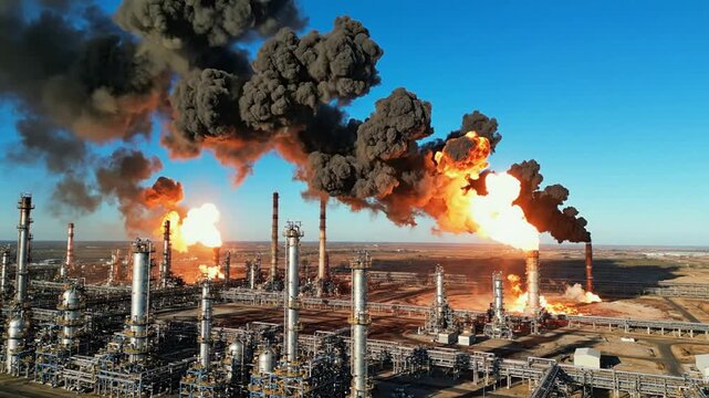 Aerial view of oil refinery gas flaring with massive black smoke and fire flames petrochemical plant