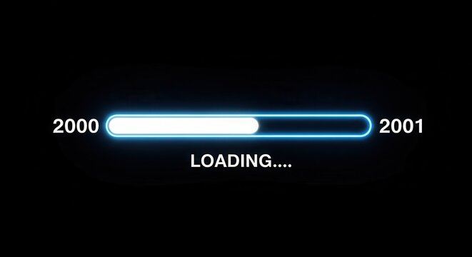 Glowing Blue Loading Bar Transitioning from Year 2000 to 2001 on Black Background, New Millennium Concept