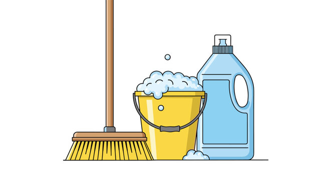 Housekeeping and professional cleaning equipment featuring a yellow bucket with soapy bubbles, a blue detergent bottle, and a broom.