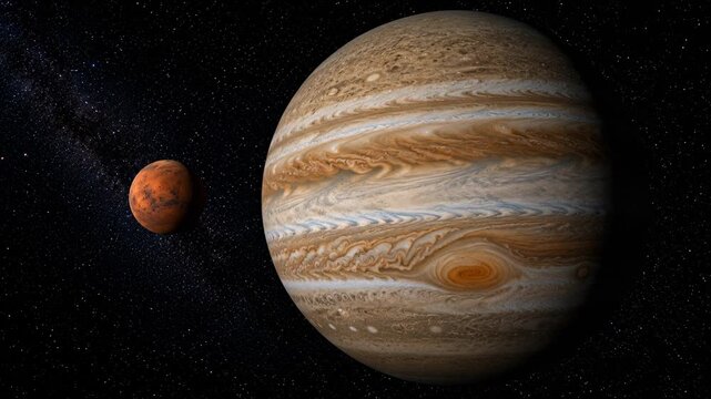 Large gas giant planet floating in deep space beside a smaller celestial body. Astronomy, science and solar system concept.