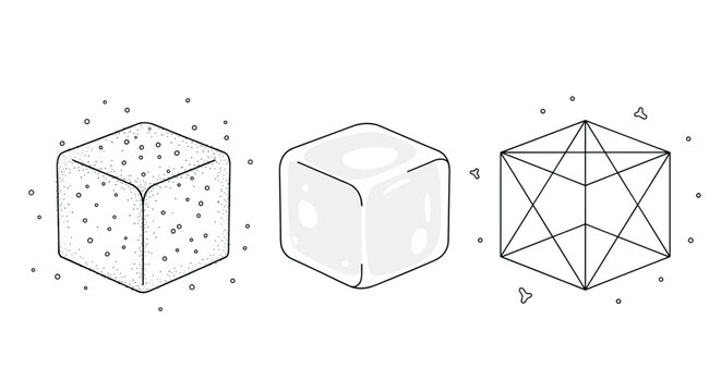 Three stylized cubes showing different textures including stippled, shaded, and geometric wireframe designs for 3D modeling concepts.