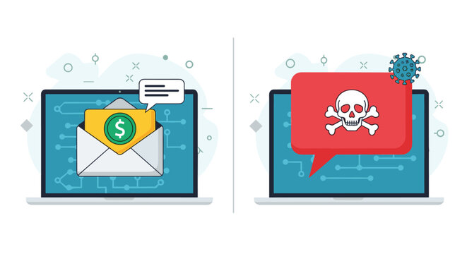 Comparison of two laptop screens showing a safe email with a dollar sign versus a malicious one with a red skull and virus icon.