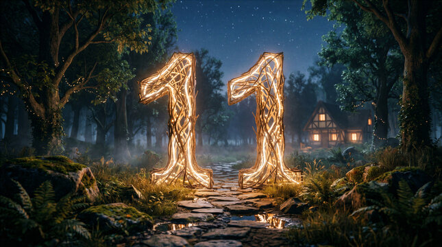 Glowing 11 number made of branches in magical night forest with enchanted cottage