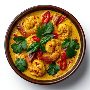 Thai red curry shrimp in bowl with chili cilantro basil