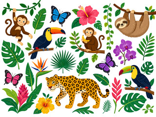 Fototapeta premium Vibrant jungle scene with diverse animals and tropical flora in a playful style