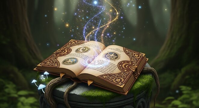 Enchanted Spellbook Magical Lore Unleashed in Mystical Forest with Fantasy Concept.