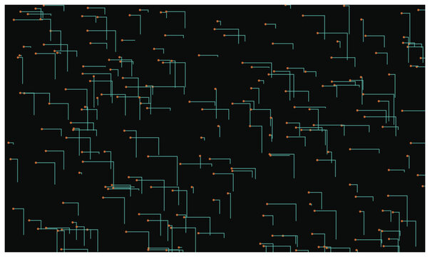 Abstract technology concept with scattered geometric lines and orange dots over dark background art.