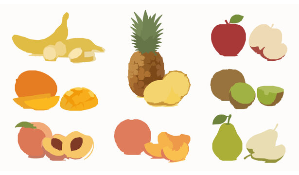 Realistic 3D fruit icon set featuring banana pineapple apple mango kiwi peach pear whole and sliced collection isolated on white background