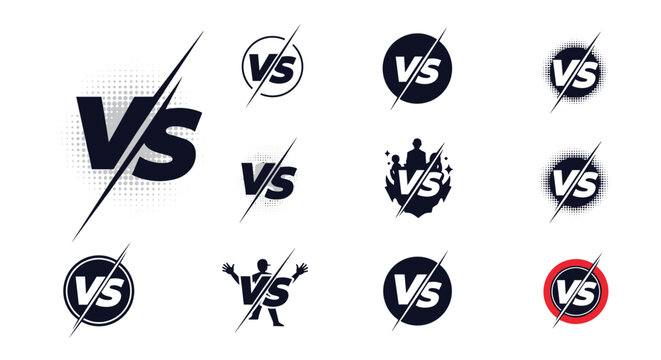 Large set of versus battle logos in various styles including lightning circles and silhouettes for competition and challenge themes.