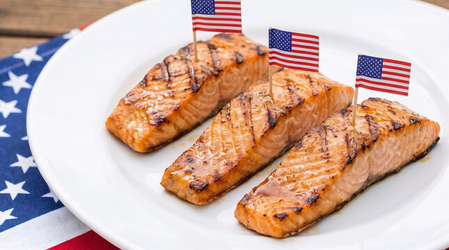 4th of July Food Seafood Entr&eacute;e Featuring Grilled Salmon Fillets with American Flags on White Plate for Independence Day Celebration and Patriotic Summer Feast