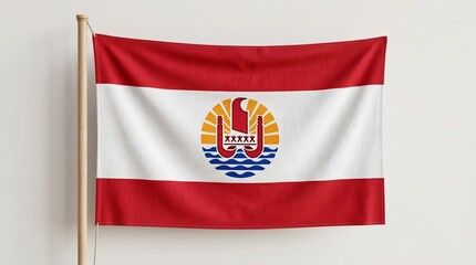 Fototapeta premium National flag of French Polynesia with red and white stripes, central emblem of canoe, sun, and waves, design symbolizes maritime heritage, unity, and island identity.