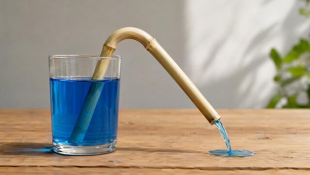 siphon. Hollow reed demonstrating siphon principle with water flowing through. STEM education sheets, lab safety posters, designed for STEM education and laboratory safety posters.