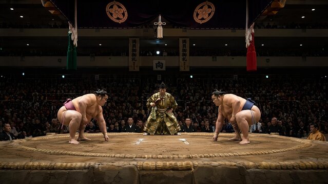 dohyo. Two sumo wrestlers in a tense pre-bout stance on the clay dohyo, dramatic overhead lighting. event key visuals, club posters, designed for sports event promotions and stadium branding.