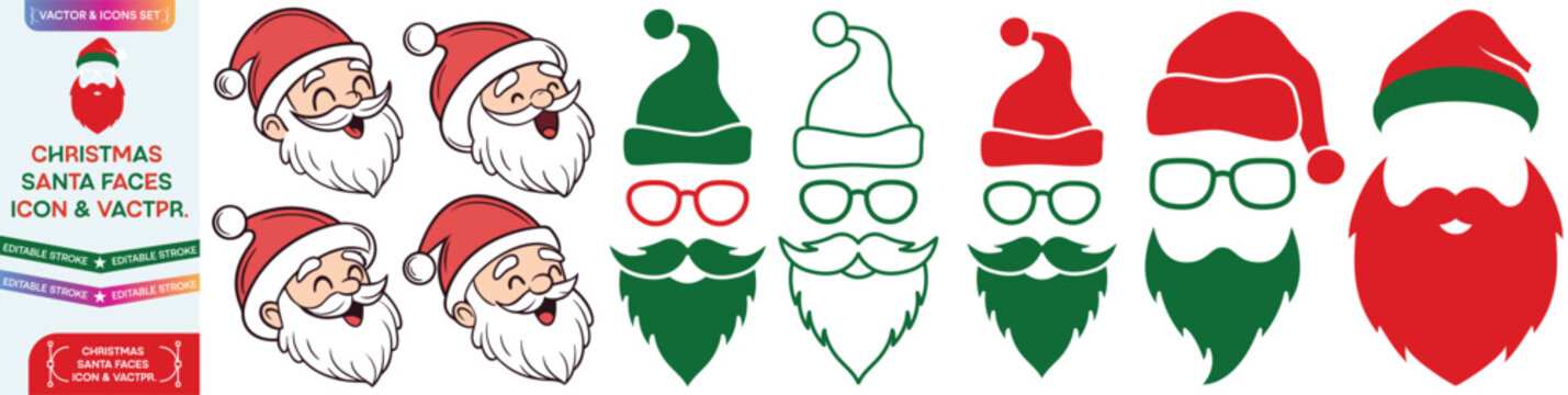 Set of Santa Claus hats. Red Santa hats with beard and mustache. Vector. Vector set of Santa hats, mustache and beards.