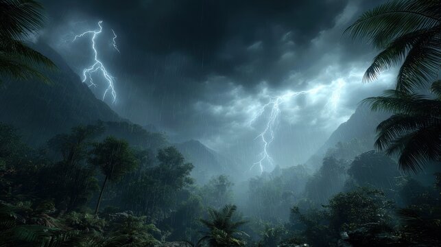 Fantasy wallpaper. A vivid portrayal of a tropical rainforest bathed in a dramatic lightening storm. The sky is filled with dark, stormy clouds, and two lightning bolts strike.