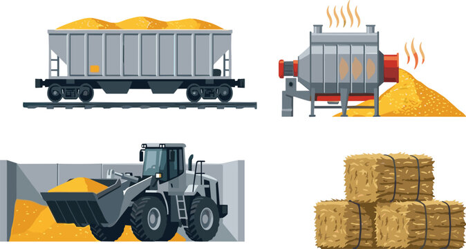 Corn Storage and Post Harvest Processing Collection with Grain Transport, Drying Equipment, Bulk Handling, and Agricultural Logistics Vector Icons