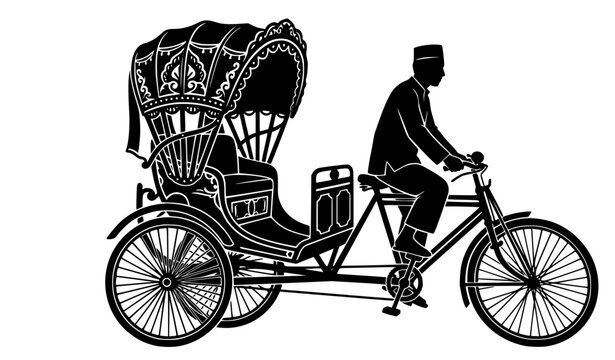 Traditional Bangladesh Cycle Rickshaw Black Silhouette Vector Illustration