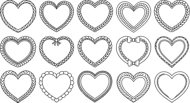 Set of ornamental heart frame vector outlines with braided scalloped rope beaded and ribbon borders for romantic designs